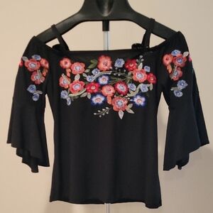 INC International Concepts Floral Embroidered Black Off-Shoulder Top